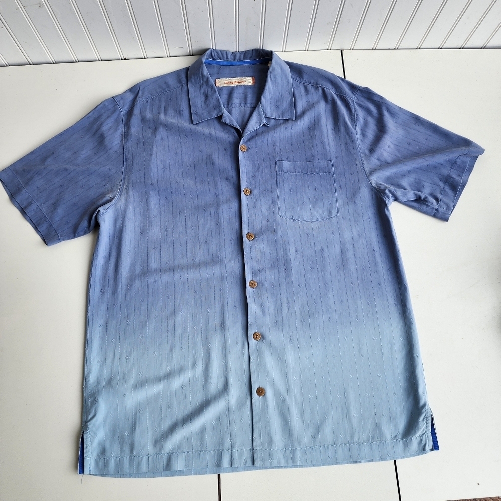 Tommy Bahama Silk Blend Blue Ombre Short Sleeve Collared Button Down Size Large